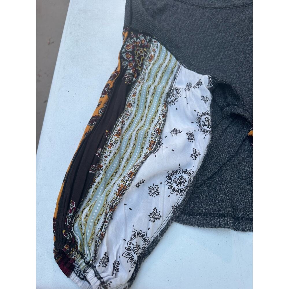 Free People We The Free Blossom Gray Thermal Top Patchwork Balloon Slv Sz M Boho - Picture 8 of 16
